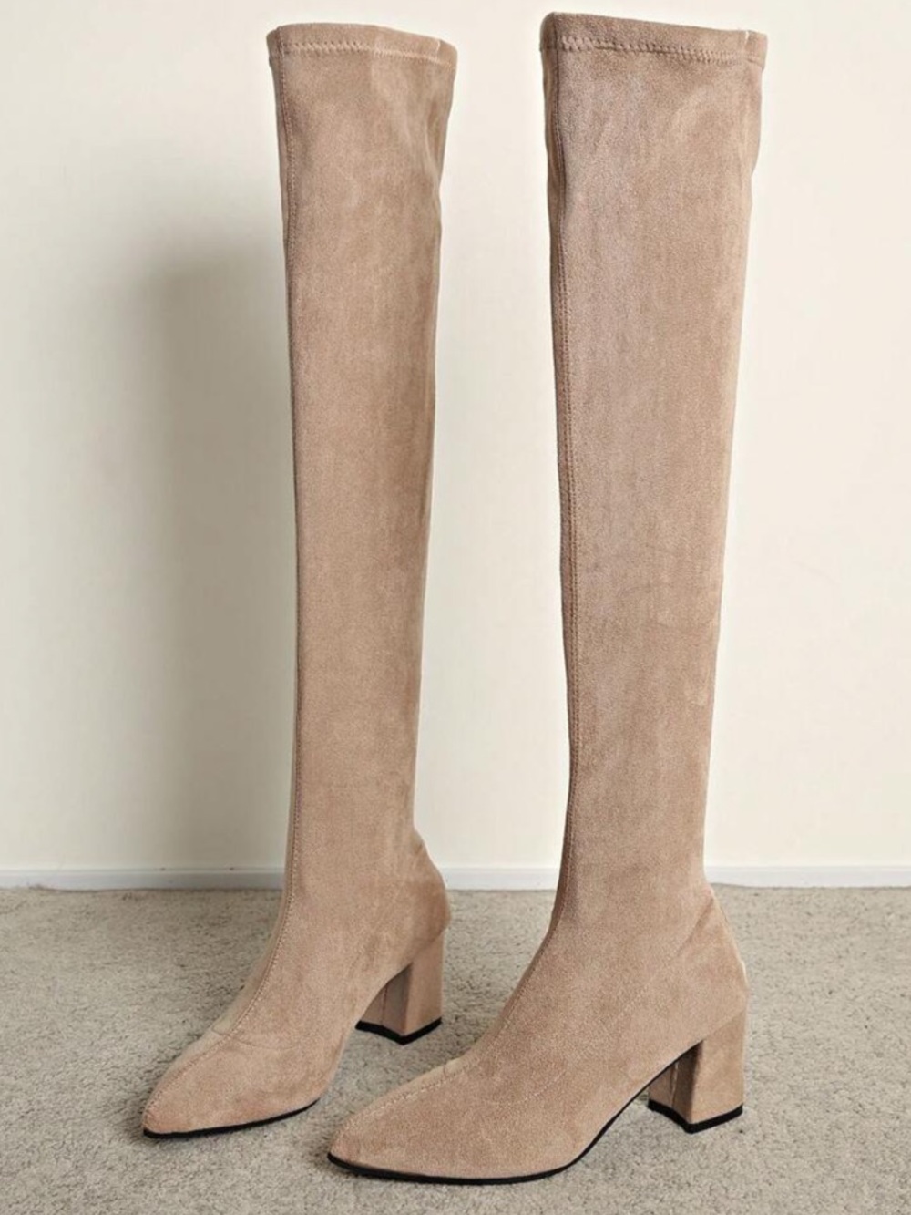 Beige Over-The-Knee Suede Boots – Chunky Heel Thigh High Boots - 9.5 - Picture 6 of 6